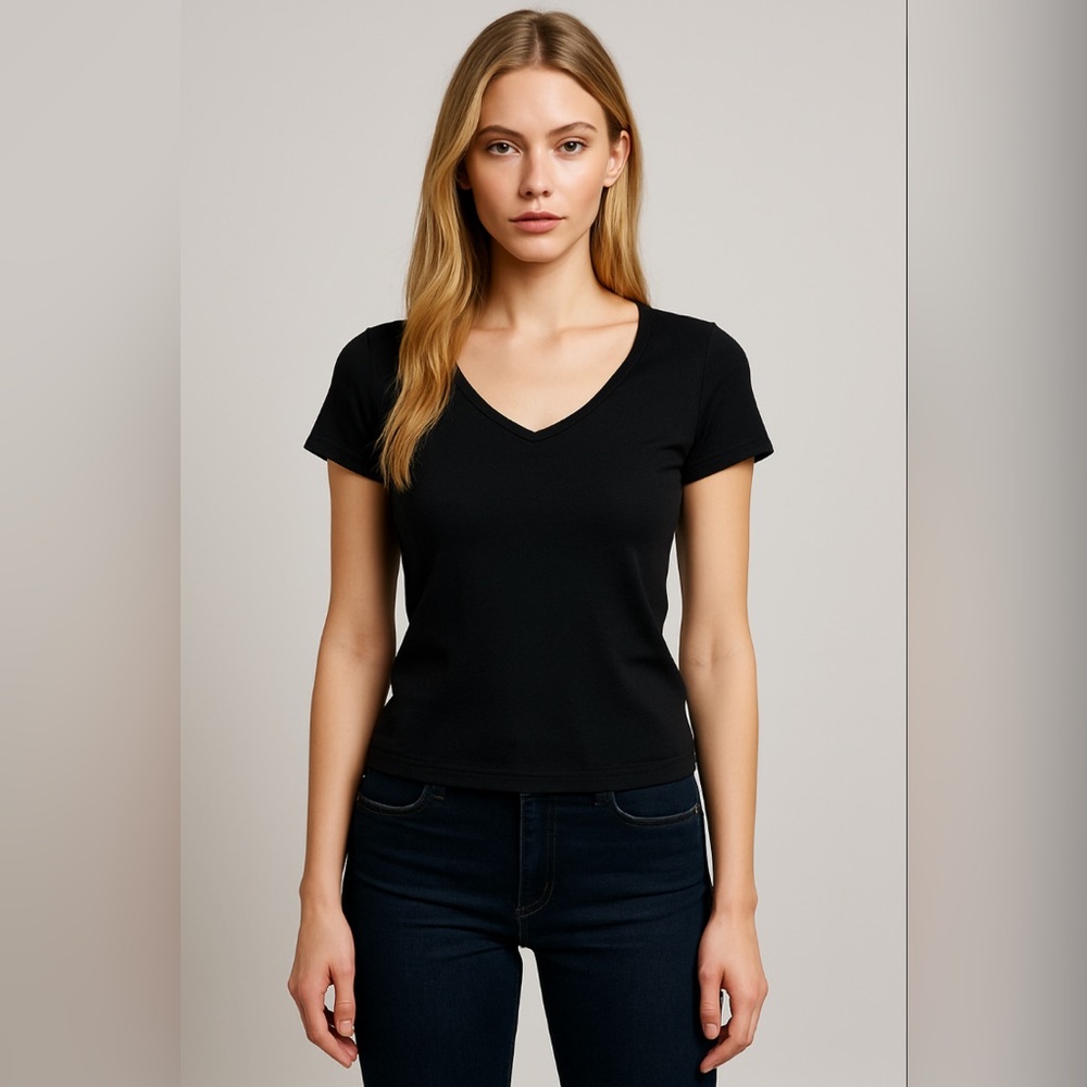 Philippe Adec Paris Vintage V-Neck Crop Tee Shirt Top Black S Basic Minimalist